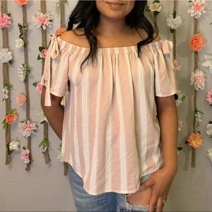 Baby pink & white striped off the shoulder top